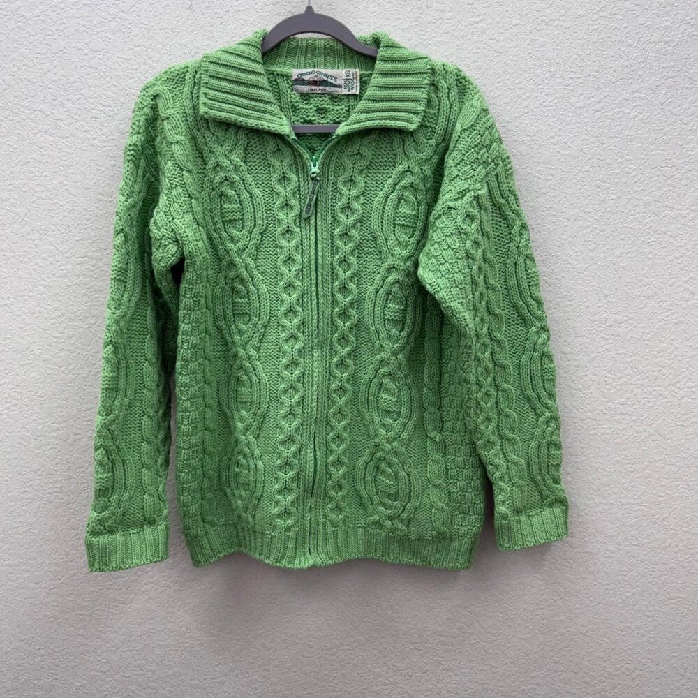Aran Crafts Green Merino Wool Full Zip Knit Sweater Cardigan Ireland Womens XS